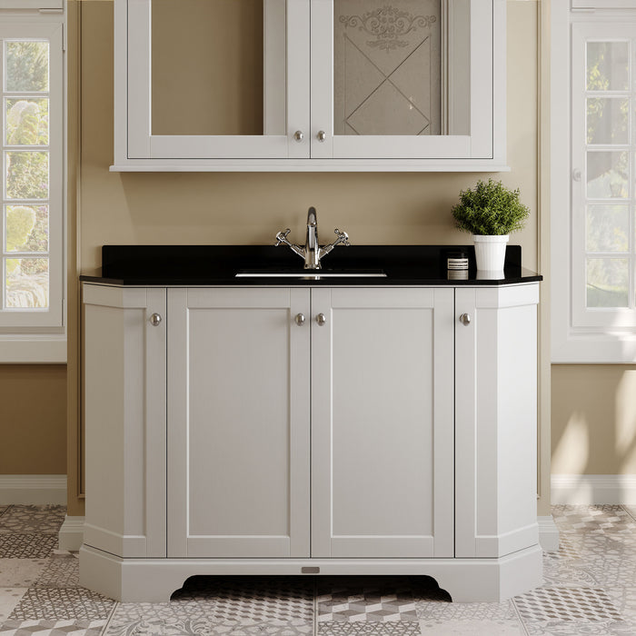 Old London 1200mm Timeless Sand 4 Door Floor Standing Angled Vanity Unit With 1 Tap Hole Black Marble Basin