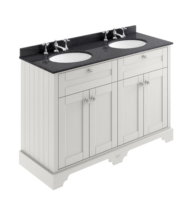 Old London 1200mm Timeless Sand 4 Door Floor Standing Cabinet With 6 Tap Holes Twin Black Marble Basin