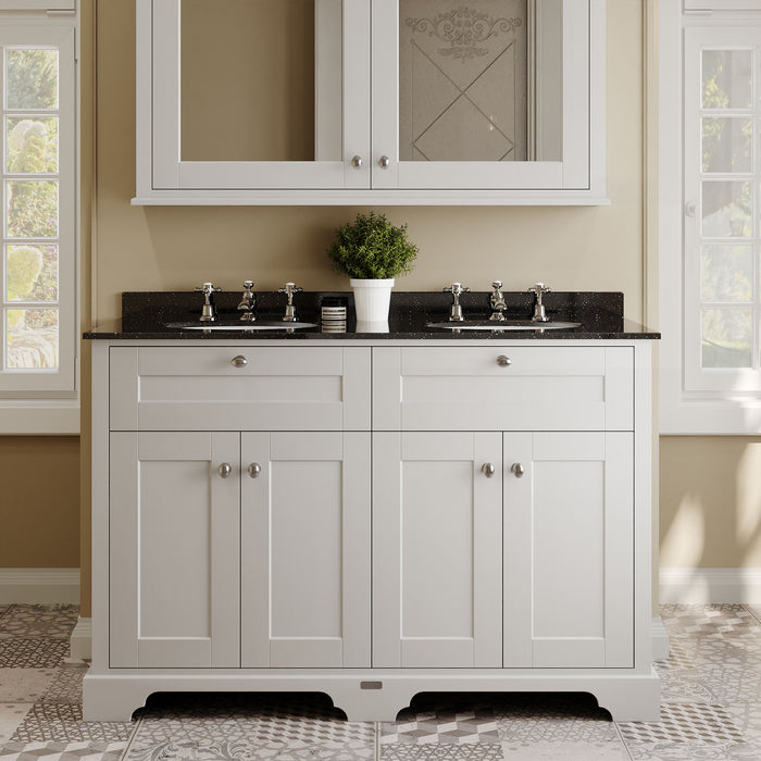 Old London 1200mm Timeless Sand 4 Door Floor Standing Cabinet With 6 Tap Holes Twin Black Marble Basin