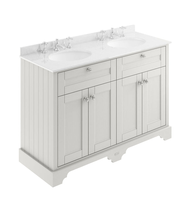 Old London 1200mm Timeless Sand 4 Door Floor Standing Cabinet With 6 Tap Holes Twin White Marble Basin