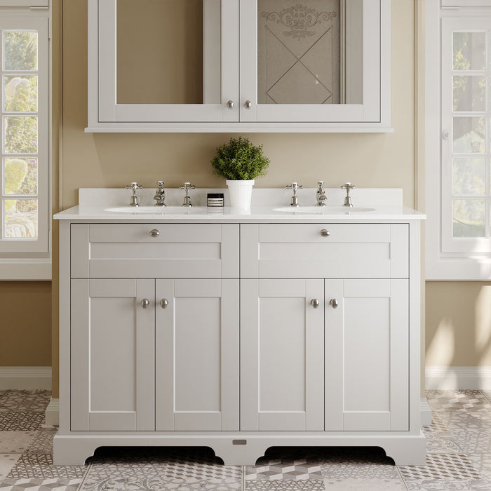 Old London 1200mm Timeless Sand 4 Door Floor Standing Cabinet With 6 Tap Holes Twin White Marble Basin