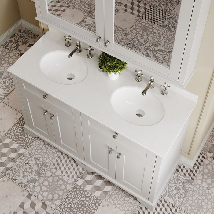 Old London 1200mm Timeless Sand 4 Door Floor Standing Cabinet With 6 Tap Holes Twin White Marble Basin
