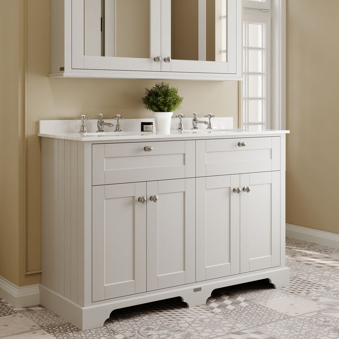 Old London 1200mm Timeless Sand 4 Door Floor Standing Cabinet With 6 Tap Holes Twin White Marble Basin