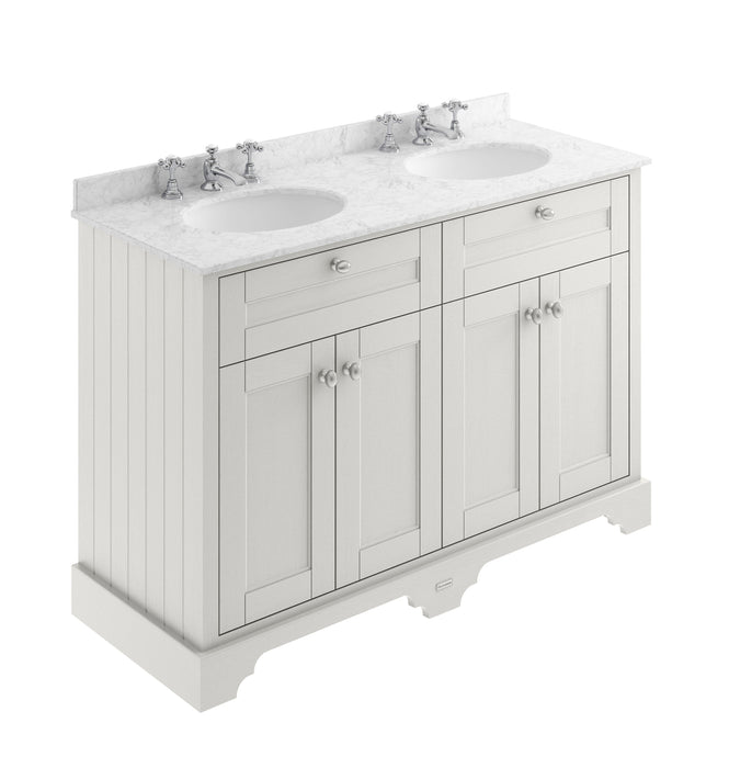 Old London 1200mm Timeless Sand 4 Door Floor Standing Cabinet With 3 Tap Holes Twin Grey Marble Basin