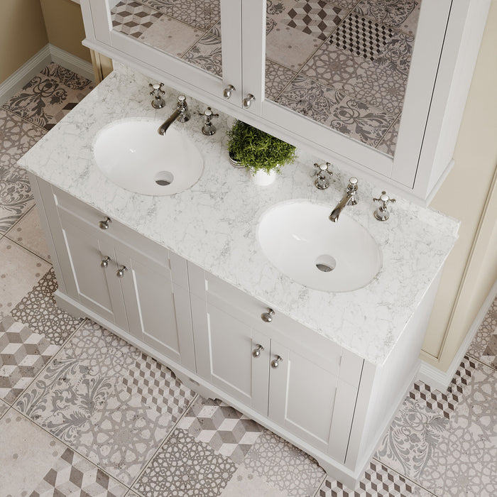 Old London 1200mm Timeless Sand 4 Door Floor Standing Cabinet With 3 Tap Holes Twin Grey Marble Basin