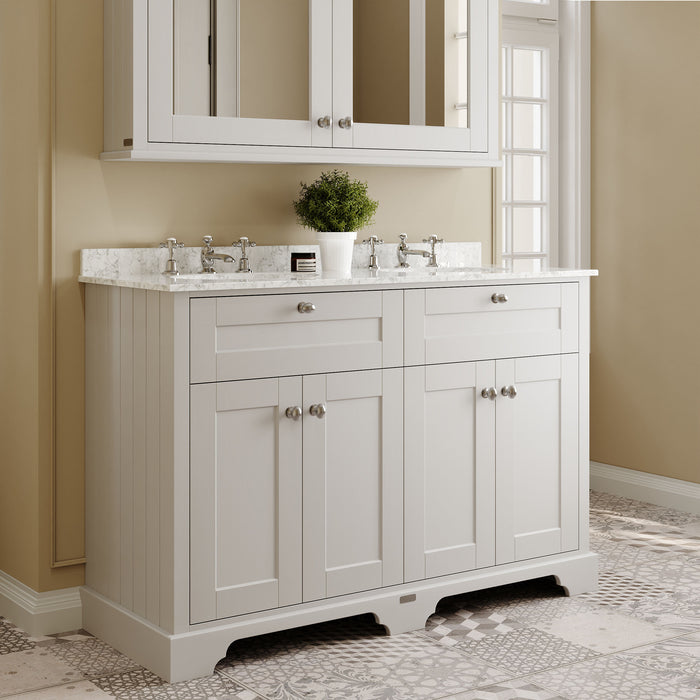 Old London 1200mm Timeless Sand 4 Door Floor Standing Cabinet With 3 Tap Holes Twin Grey Marble Basin