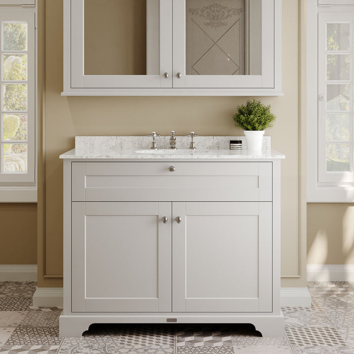 Old London 1000mm Timeless Sand 2 Door Floor Standing Cabinet With 3 Tap Holes Marble Basin