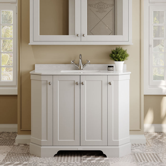 Old London 1000mm Timeless Sand 4 Door Floor Standing Angled Vanity Unit With 1 Tap Hole Marble Basin