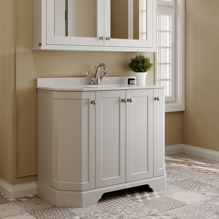 Old London 1000mm Timeless Sand 4 Door Floor Standing Angled Vanity Unit With 3 Tap Holes Marble Basin