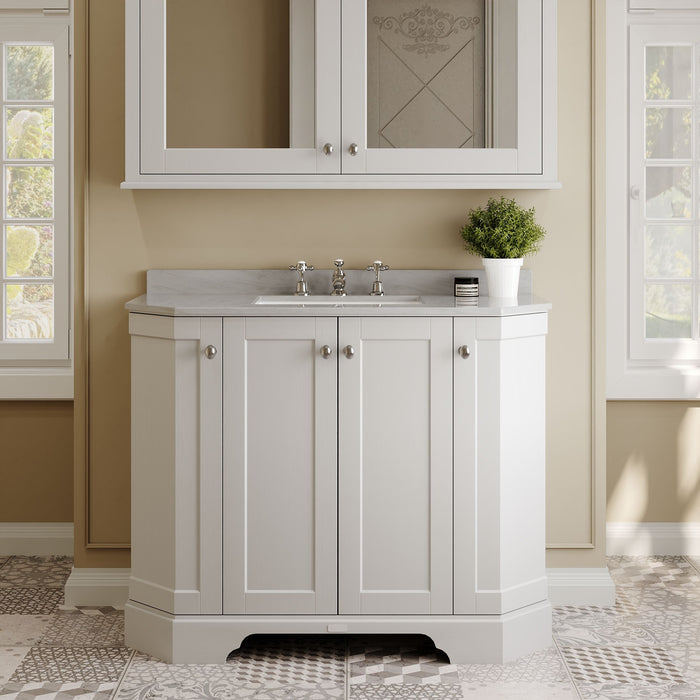 Old London 1000mm Timeless Sand 4 Door Floor Standing Angled Vanity Unit With 3 Tap Holes Marble Basin