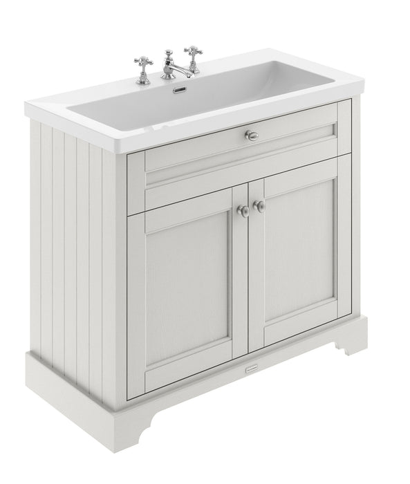 Old London 1000mm Timeless Sand 2 Door Floor Standing Vanity Unit With 3 Tap Holes Fireclay Basin