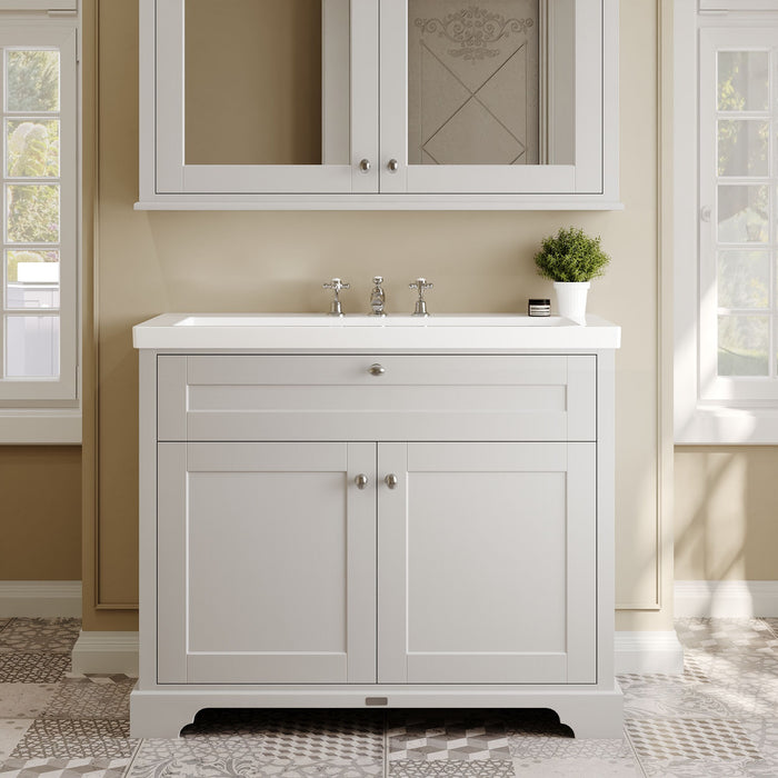 Old London 1000mm Timeless Sand 2 Door Floor Standing Vanity Unit With 3 Tap Holes Fireclay Basin
