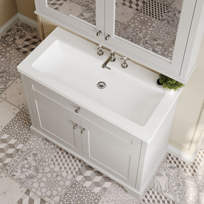 Old London 1000mm Timeless Sand 2 Door Floor Standing Vanity Unit With 3 Tap Holes Fireclay Basin