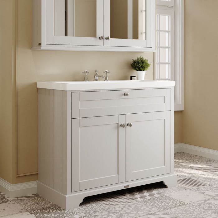 Old London 1000mm Timeless Sand 2 Door Floor Standing Vanity Unit With 3 Tap Holes Fireclay Basin