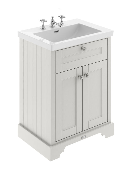Old London 600mm Timeless Sand 2 Door Floor Standing Vanity Unit With 3 Tap Holes Fireclay Basin