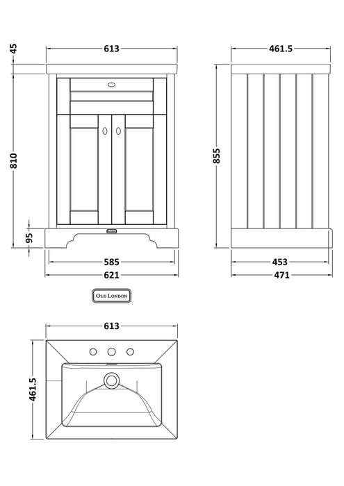Old London 600mm Timeless Sand 2 Door Floor Standing Vanity Unit With 3 Tap Holes Fireclay Basin