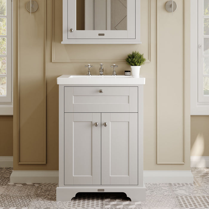 Old London 600mm Timeless Sand 2 Door Floor Standing Vanity Unit With 3 Tap Holes Fireclay Basin