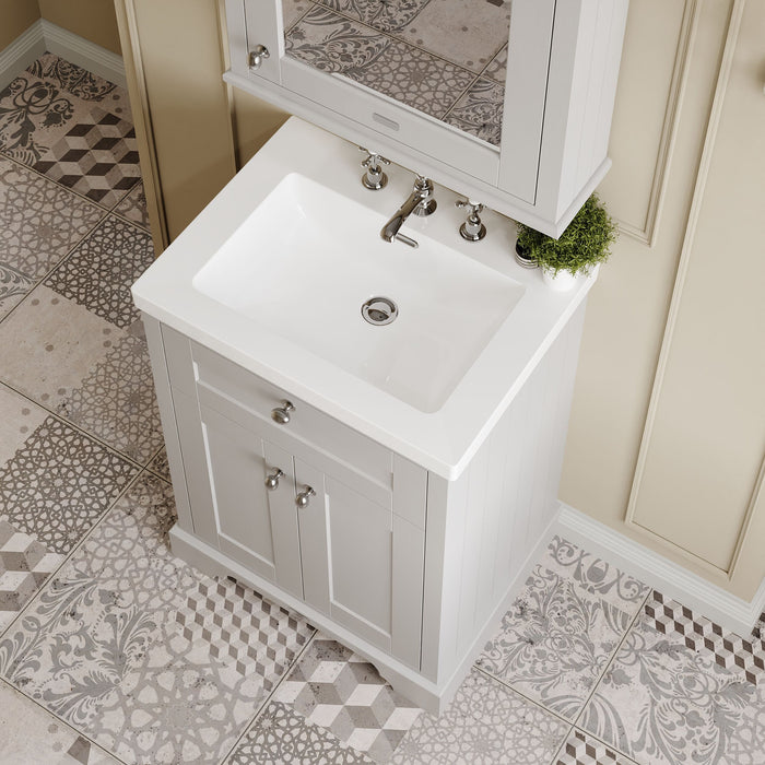 Old London 600mm Timeless Sand 2 Door Floor Standing Vanity Unit With 3 Tap Holes Fireclay Basin