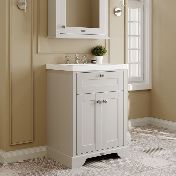 Old London 600mm Timeless Sand 2 Door Floor Standing Vanity Unit With 3 Tap Holes Fireclay Basin