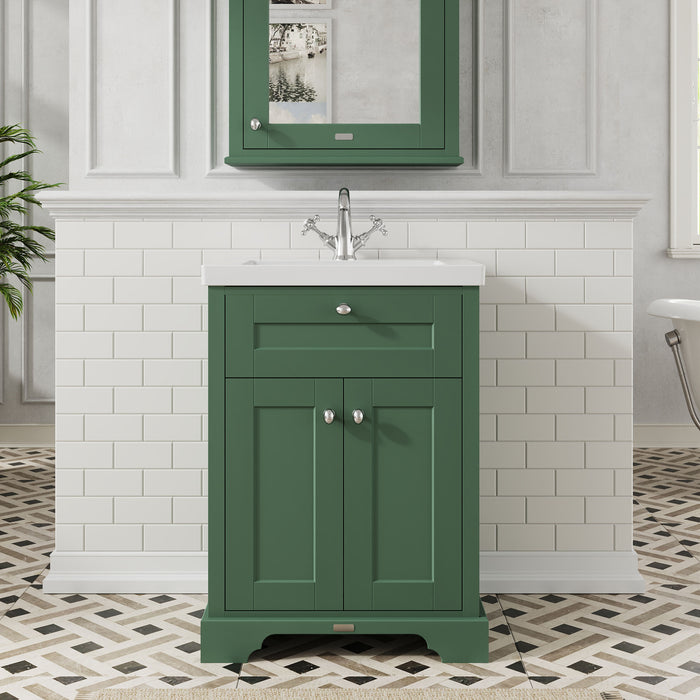 Old London 600mm Hunter Green 2 Door Floor Standing Vanity Unit With 1 Tap Hole Fireclay Basin