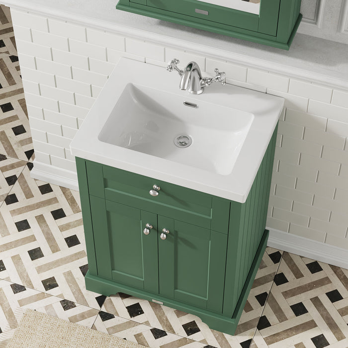 Old London 600mm Hunter Green 2 Door Floor Standing Vanity Unit With 1 Tap Hole Fireclay Basin