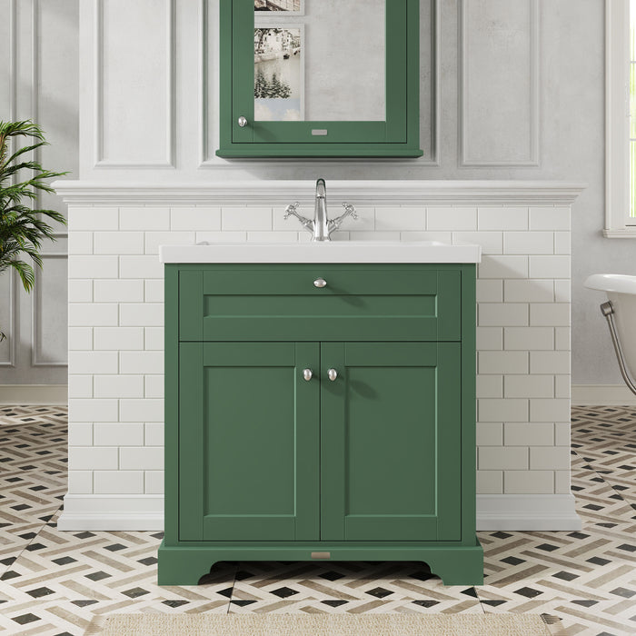 Old London 800mm Hunter Green 2 Door Floor Standing Vanity Unit With 1 Tap Hole Fireclay Basin