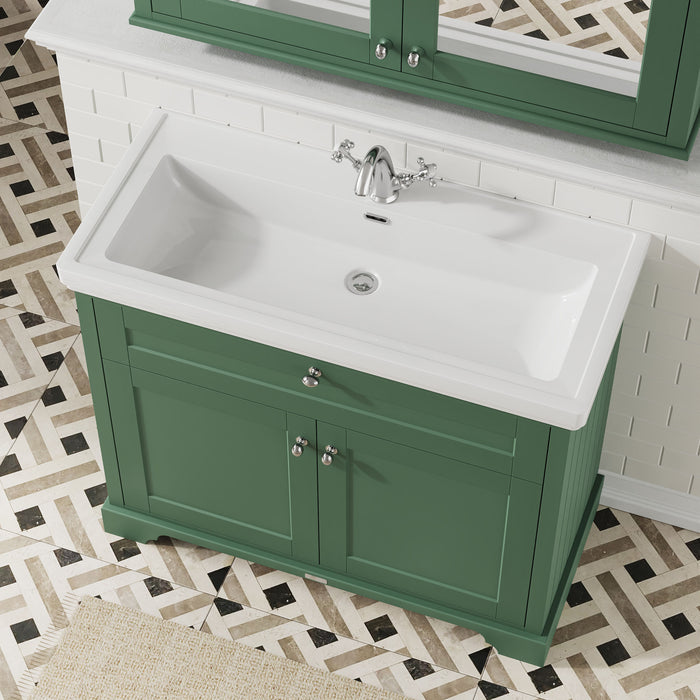 Old London 1000mm Hunter Green 2 Door Floor Standing Vanity Unit With 1 Tap Hole Fireclay Basin