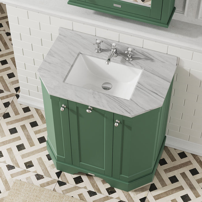 Old London 750mm Hunter Green 3 Door Floor Standing Angled Vanity Unit With 3 Tap Holes Marble Basin