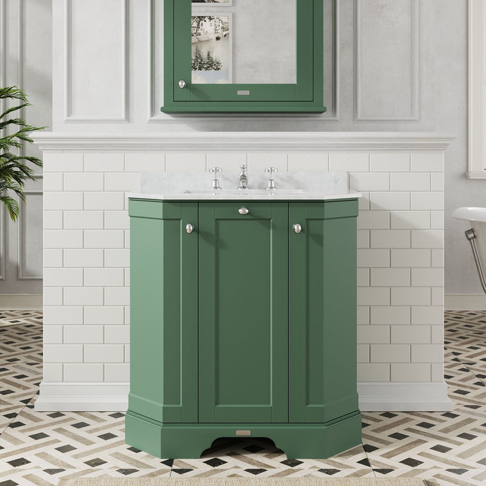 Old London 750mm Hunter Green 3 Door Floor Standing Angled Vanity Unit With 3 Tap Holes Marble Basin