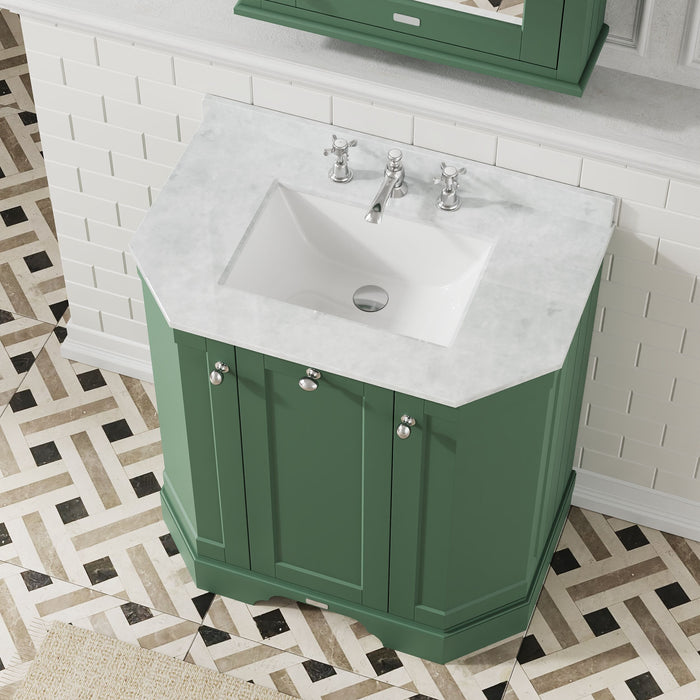 Old London 750mm Hunter Green 3 Door Floor Standing Angled Vanity Unit With 3 Tap Holes Marble Basin