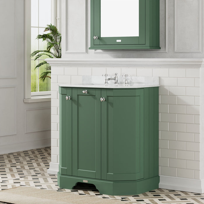 Old London 750mm Hunter Green 3 Door Floor Standing Angled Vanity Unit With 3 Tap Holes Marble Basin