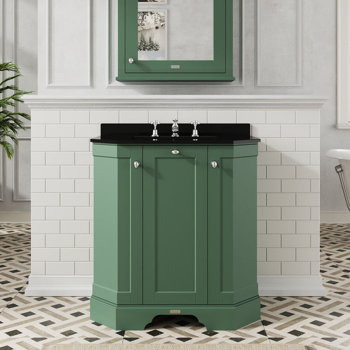 Old London 750mm Hunter Green 3 Door Floor Standing Angled Vanity Unit With 3 Tap Holes Marble Basin
