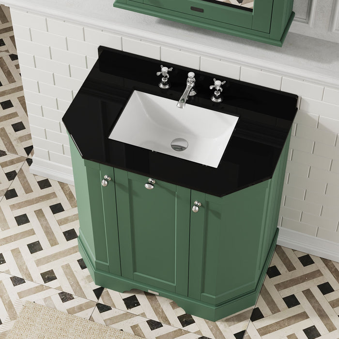 Old London 750mm Hunter Green 3 Door Floor Standing Angled Vanity Unit With 3 Tap Holes Marble Basin