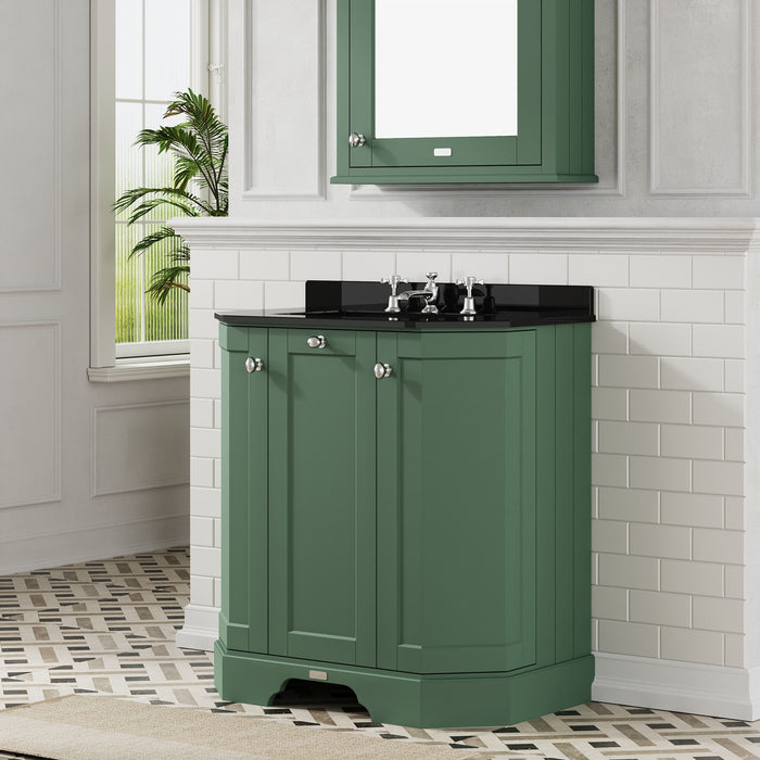 Old London 750mm Hunter Green 3 Door Floor Standing Angled Vanity Unit With 3 Tap Holes Marble Basin