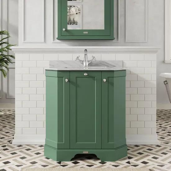 Old London 750mm Hunter Green 3 Door Floor Standing Angled Vanity Unit With 1 Tap Hole Marble Basin