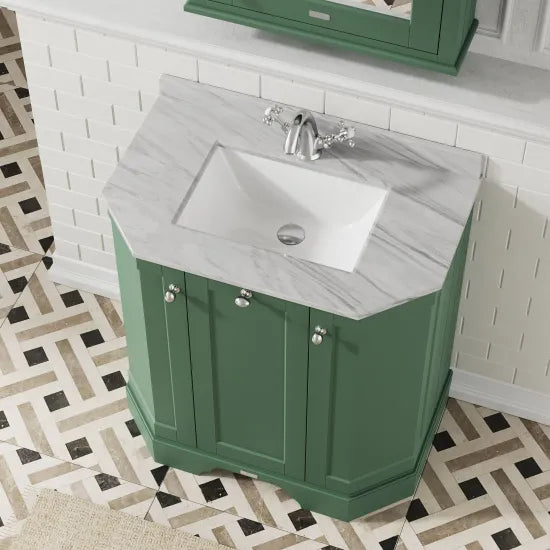 Old London 750mm Hunter Green 3 Door Floor Standing Angled Vanity Unit With 1 Tap Hole Marble Basin