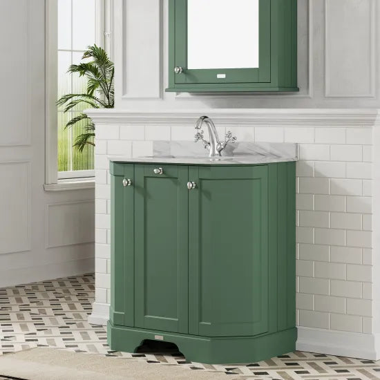 Old London 750mm Hunter Green 3 Door Floor Standing Angled Vanity Unit With 1 Tap Hole Marble Basin