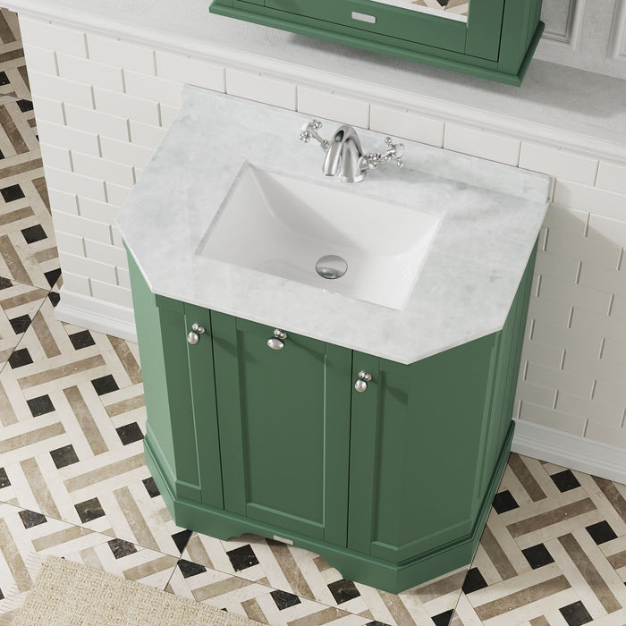 Old London 750mm Hunter Green 3 Door Floor Standing Angled Vanity Unit With 1 Tap Hole Marble Basin