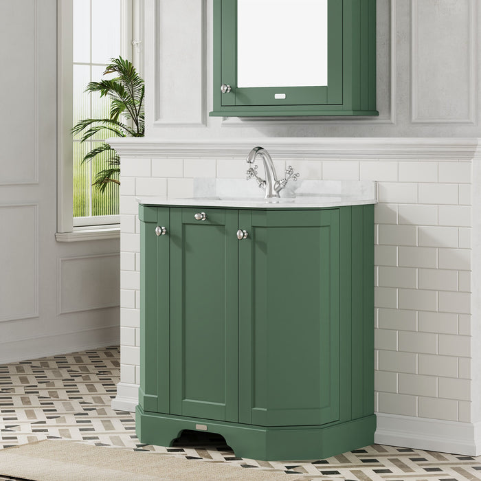 Old London 750mm Hunter Green 3 Door Floor Standing Angled Vanity Unit With 1 Tap Hole Marble Basin