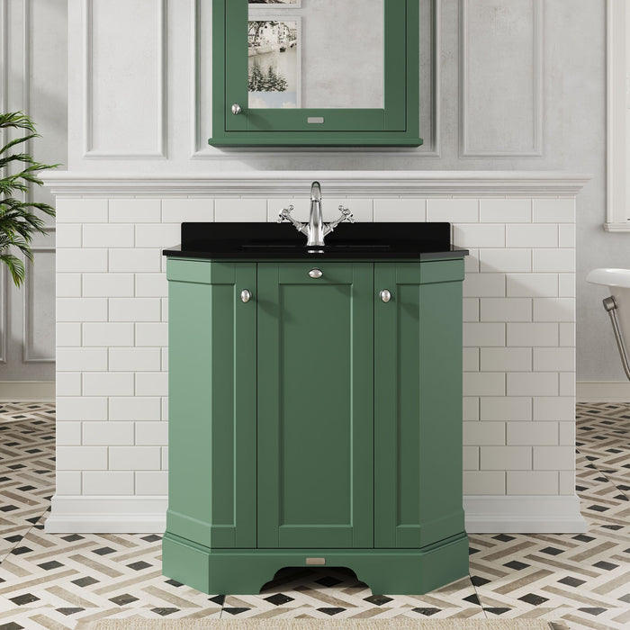 Old London 750mm Hunter Green 3 Door Floor Standing Angled Vanity Unit With 1 Tap Hole Marble Basin