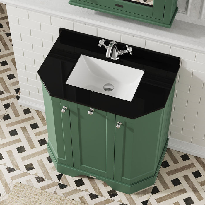 Old London 750mm Hunter Green 3 Door Floor Standing Angled Vanity Unit With 1 Tap Hole Marble Basin