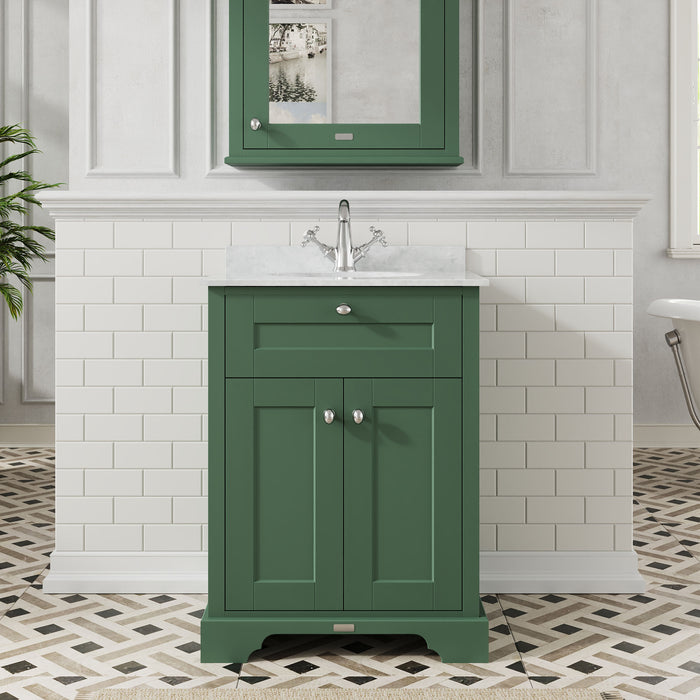 Old London 600mm Hunter Green 2 Door Floor Standing Cabinet With 1 Tap Hole Marble Basin