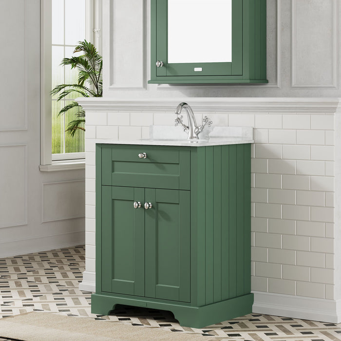 Old London 600mm Hunter Green 2 Door Floor Standing Cabinet With 1 Tap Hole Marble Basin