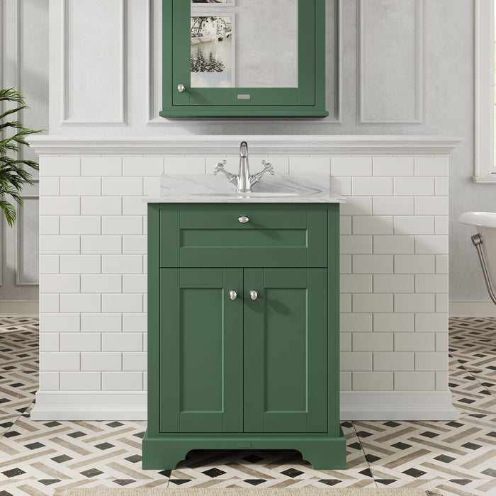 Old London 600mm Hunter Green 2 Door Floor Standing Cabinet With 1 Tap Hole Marble Basin