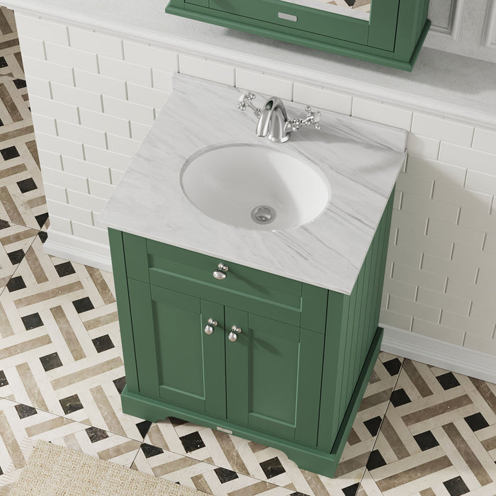 Old London 600mm Hunter Green 2 Door Floor Standing Cabinet With 1 Tap Hole Marble Basin