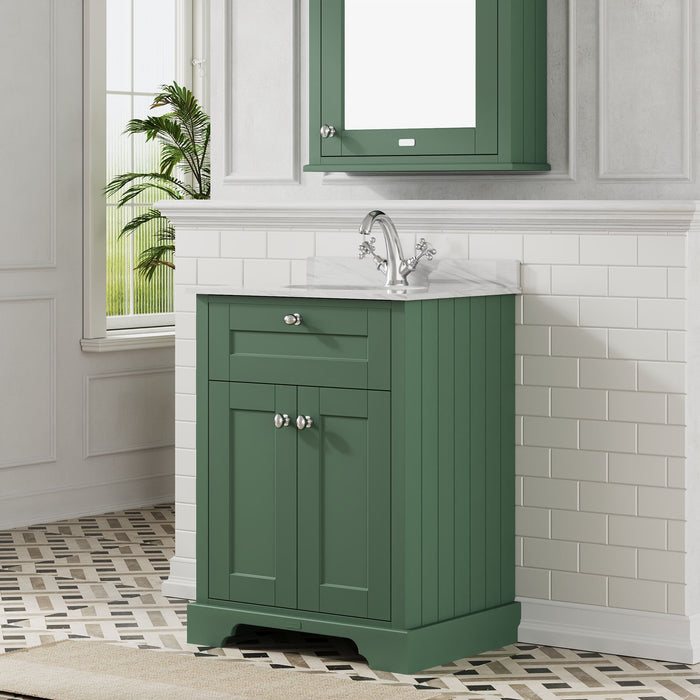 Old London 600mm Hunter Green 2 Door Floor Standing Cabinet With 1 Tap Hole Marble Basin