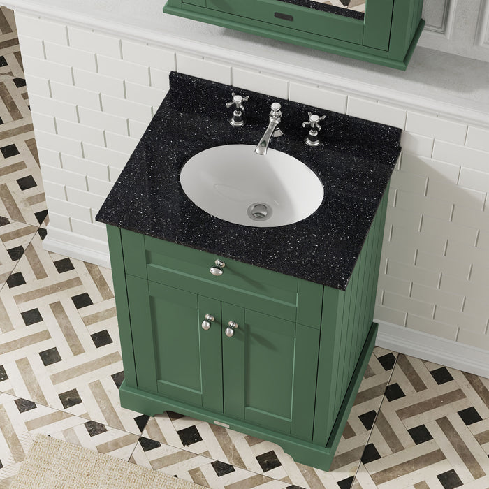 Old London 600mm Hunter Green 2 Door Floor Standing Cabinet With 3 Tap Holes Marble Basin