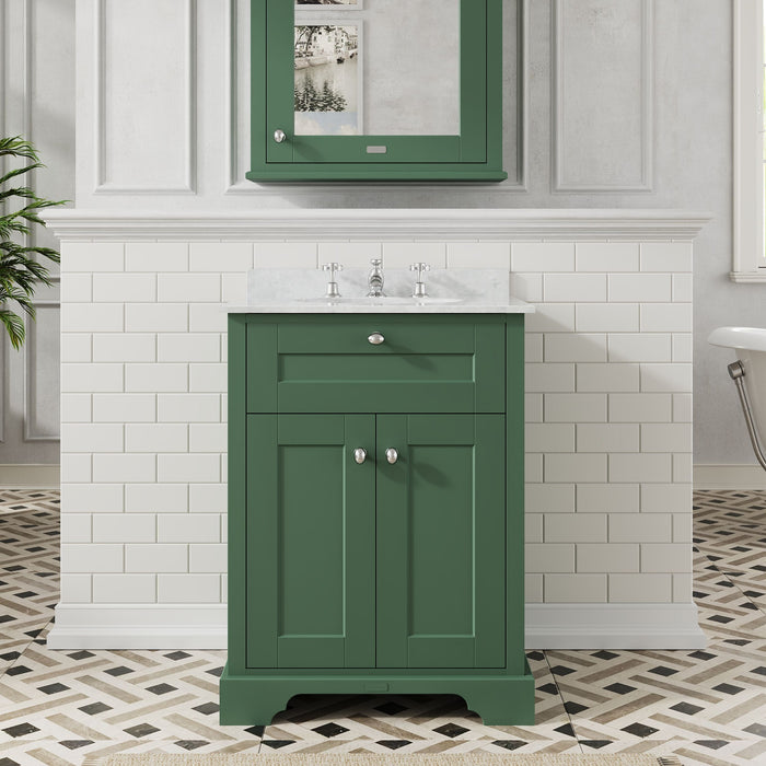 Old London 600mm Hunter Green 2 Door Floor Standing Cabinet With 3 Tap Holes Marble Basin