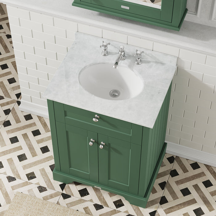Old London 600mm Hunter Green 2 Door Floor Standing Cabinet With 3 Tap Holes Marble Basin