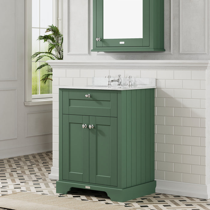 Old London 600mm Hunter Green 2 Door Floor Standing Cabinet With 3 Tap Holes Marble Basin